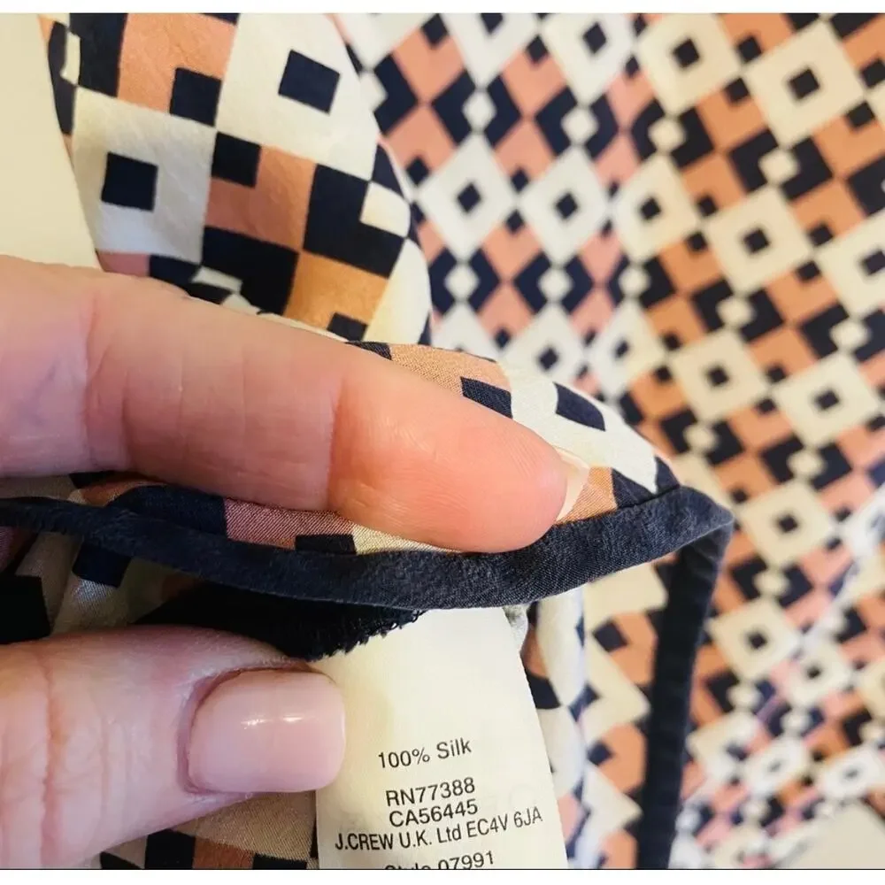 J. Crew Navy and Blush Geometric Pattern Silk Blouse Size 2